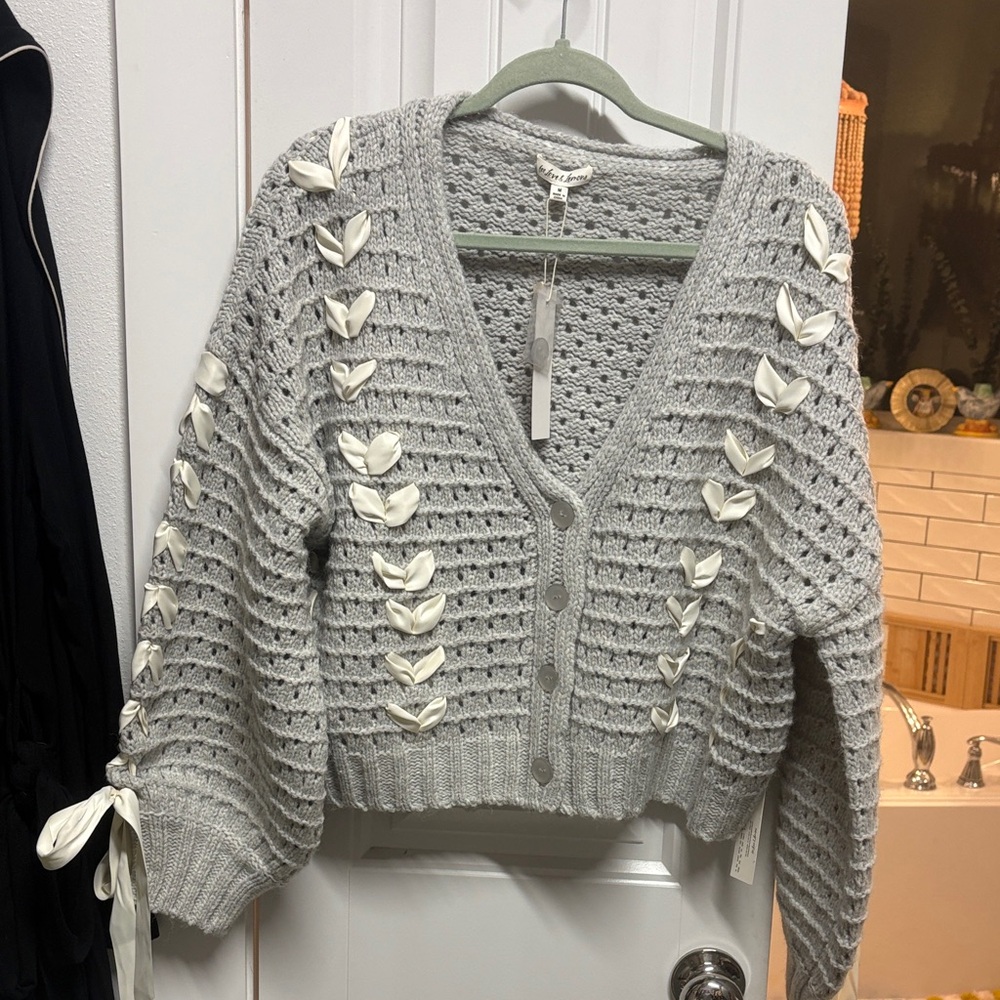 For Love And Lemons Light Gray Crochet Ribbon-Trim Cropped Cardigan